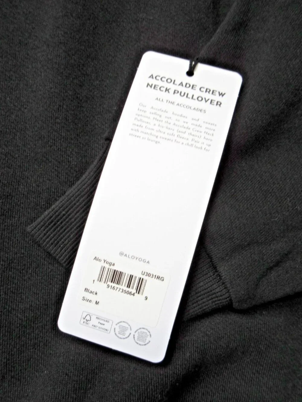 NWT Alo Unisex Accolade Crew Neck Pullover in Black Relaxed Fleece Sweatshirt M